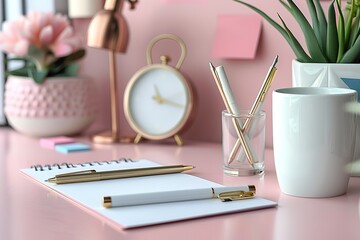 A photo of an aesthetic pink and white desk with two pens, post-it notes, a blank card, and paper. - obrazy, fototapety, plakaty