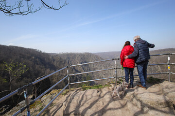 Outlook from the Hexentanzplatz (witch dance place) to the Bodetal (bode gorge) in Thale, National...