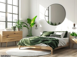 Modern bedroom interior with green and white color scheme, wooden bed frame with decorative pillows and blanket, chest of drawers near window with plants on top, large mirror hanging above the cabinet