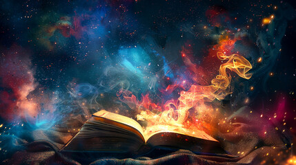 A book is open to a page with a colorful galaxy background - obrazy, fototapety, plakaty