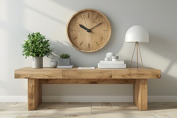 A simple wooden clock on the wall above an empty white desk, with a modern minimalist lamp and potted plant beside it.