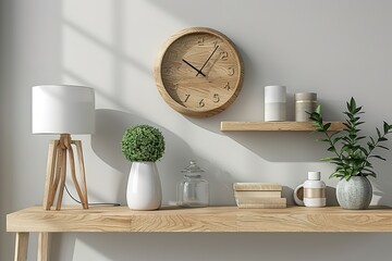 A simple wooden clock on the wall above an empty white desk, with a modern minimalist lamp and potted plant beside it. - obrazy, fototapety, plakaty