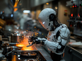 Humanoid Robot cooking in the kitchen a complex food 