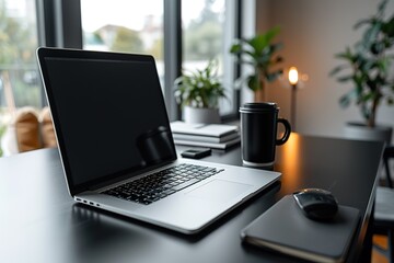Fototapeta premium A sleek, modern desk with an open laptop and coffee cup on it.
