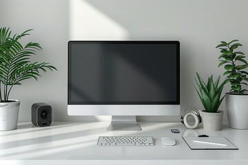 A computer monitor sits on a desk next to a potted plant and a keyboard