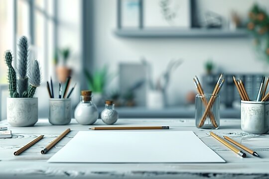 A white desk with a white piece of paper and a bunch of pencils and pens