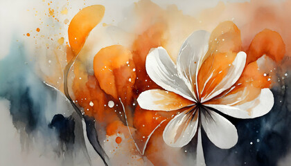 Abstract beautiful minimalist white-orange gradient and drawing of flower watercolor on digital art concept, Generative AI.