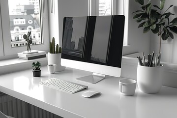 A white computer desk with a monitor, keyboard, and mouse