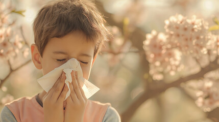 Boy sneezing into paper tissue, blooming trees in the background. Person having seasonal allergic reaction to pollen, blooming trees, grass, hay, that causes sneezing, itchy nose and watery eyes.  - obrazy, fototapety, plakaty