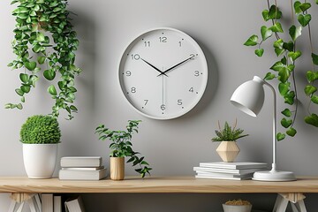 A white wall clock, a bookshelf with books and plants on it, a desk lamp on the right side of the...