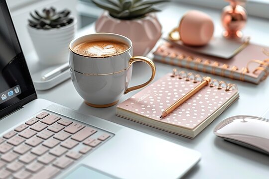 A laptop is on a table with a cup of coffee, a pen, and a notebook