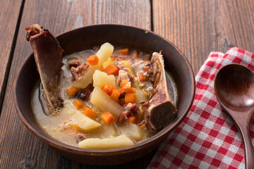 Smoked pea soup with black bread. Smoked ribs