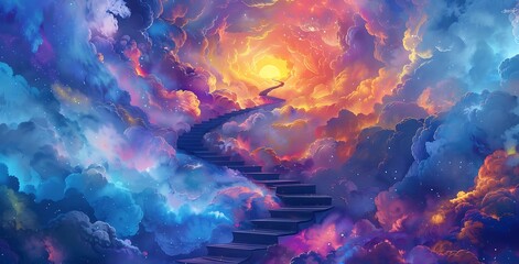  A surreal scene of an ethereal staircase leading to the heavens, surrounded by swirling clouds and vibrant colors