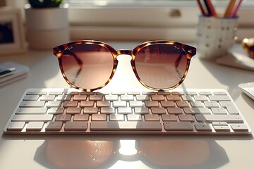 A pair of sunglasses is sitting on top of a keyboard. The sunglasses are brown and have a sun-like appearance. - Powered by Adobe