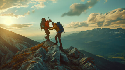 Two people are seen standing on top of a rocky mountain peak.  They appear to be supporting each other on the steep terrain. Majestic mountain range under a light blue sky with a few white clouds - Powered by Adobe