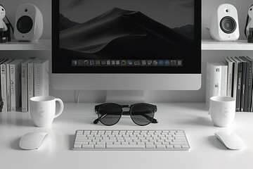 A computer monitor with a mountain background and a pair of sunglasses on the desk. There are two cups on the desk - Powered by Adobe