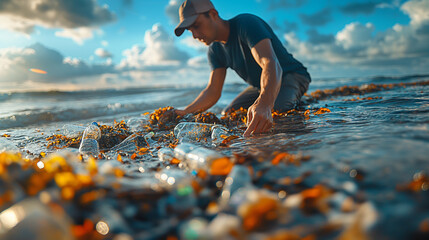Volunteers collecting trash from natural beaches. - obrazy, fototapety, plakaty