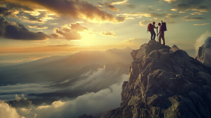 Two people are seen standing on top of a rocky mountain peak.  They appear to be supporting each...