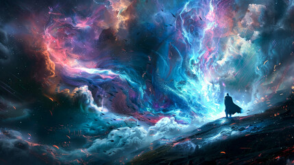 A colorful, swirling galaxy with a person standing on a hill in the foreground