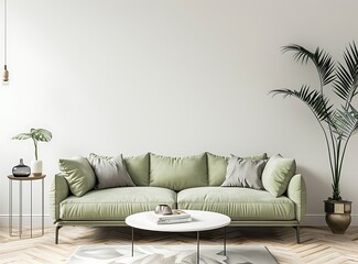 Modern Scandinavian interior of a cozy living room with a design light green sofa, coffee table and elegant personal accessories
