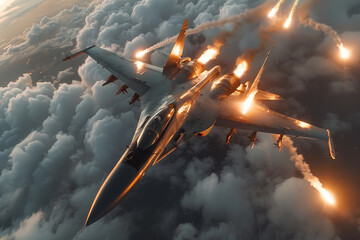 An advanced jet fighter executing a precise, high-speed maneuver against a backdrop of a dramatic sunset sky - obrazy, fototapety, plakaty