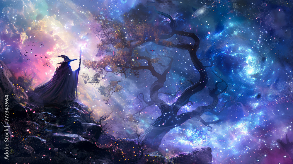 Wall mural a wizard is standing in front of a tree in a forest