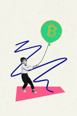 Creative vertical picture collage small little kid cute boy pulling air balloon bitcoin virtual assets cryptocurrency earnings