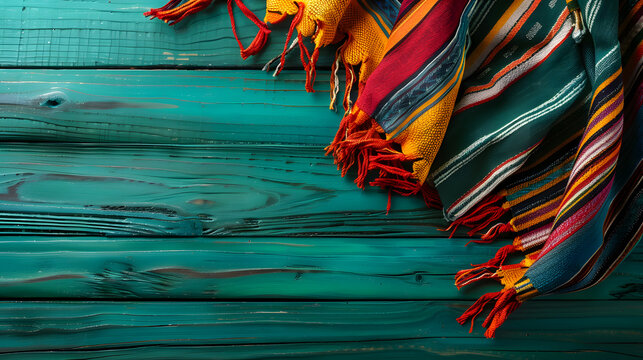 Colorful Mexican serape in the style of background on a wood table, copy space for text. Cinco de mayo. The day of the dead. Dia de los Muertos