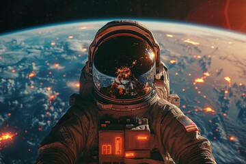 An astronaut poised against the vast backdrop of space, Earth beautifully mirrored in the helmet visor, signifying exploration - obrazy, fototapety, plakaty