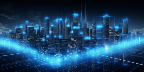 A hologram of contemporary buildings is displayed on a digital tablet, digital Smart City Hologram 