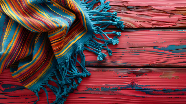 Colorful Mexican serape in the style of background on a wood table, copy space for text. Cinco de mayo. The day of the dead. Dia de los Muertos