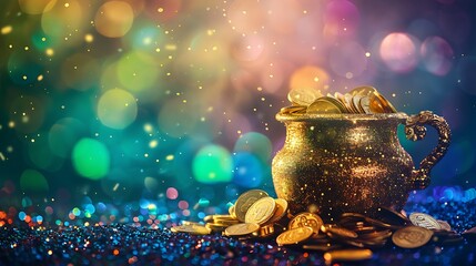 A pot of gold and coins with a glittering background, with colorful lights in the background
