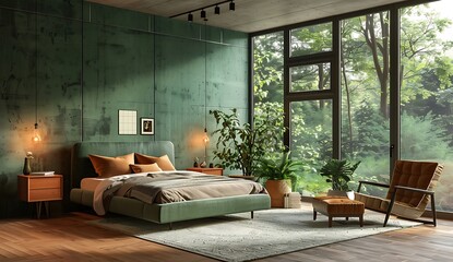 Modern bedroom interior with green walls, bed and armchair near window with view on forest landscape - Powered by Adobe