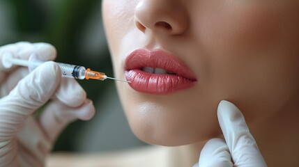 A woman is receiving a botox injection on her lips - obrazy, fototapety, plakaty
