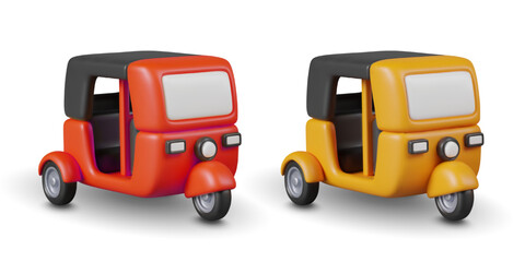 Yellow and red autorickshaw car without passengers. Set of three wheeled vehicles