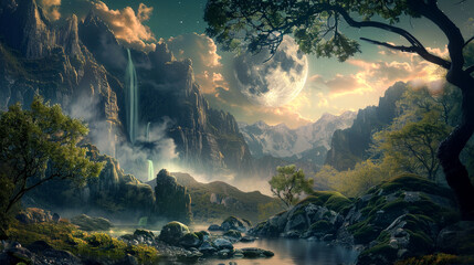 A beautiful landscape with a large waterfall and a full moon in the sky