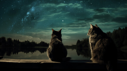 Chats regardant le ciel. Ciel étoilé de nuit. Animal domestique, chat, chaton, mignon. Ambiance calme, zen. Fond pour conception et création graphique. - obrazy, fototapety, plakaty