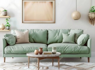 Modern Scandinavian interior of a cozy living room with a design light green sofa, coffee table and elegant personal accessories in a minimalistic home decor style