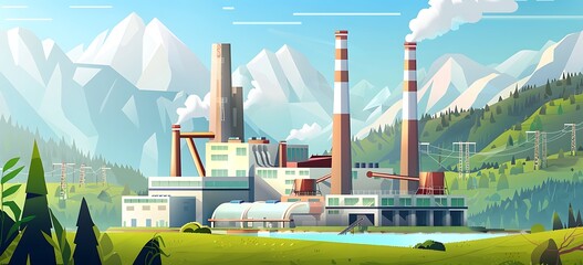 A power plant featuring smokestacks situated amidst mountainous scenery, alongside an industrial factory building, all set against a backdrop of verdant green nature.






