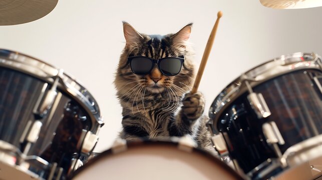 An actual image capturing a comical cat sporting sunglasses while entertaining itself on a drum set, set against a clean white backdrop.






