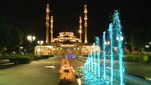 Chechnya. Mosque "Heart of Chechnya. Night city of Grozny.