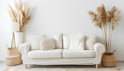 Cozy white sofa, lamp and vase with pampas grass isolated on white background