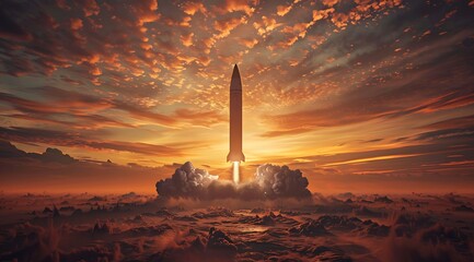 The V2 rocket amidst a wartime ambiance, under a sky filled with drama, as the sun rises.






 - obrazy, fototapety, plakaty