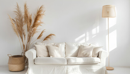 Fototapeta na wymiar Cozy white sofa, lamp and vase with pampas grass isolated on white background