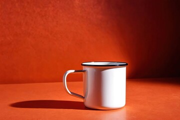 Product packaging mockup photo of Enamel mug, studio advertising photoshoot