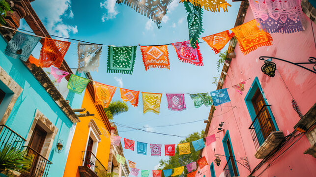 Colorful Mexican street with hanging colorful flags for fiesta party and blue sky. Cinco de mayo. The day of the dead. Dia de los Muertos