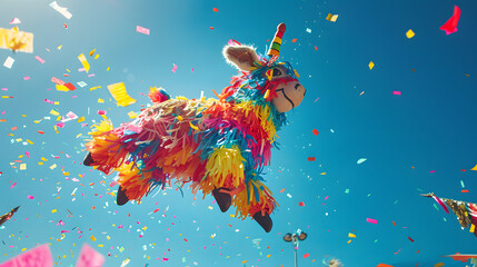 Colorful pinata in the shape of a donkey flying among confetti and streamers at a traditional Mexican fiesta. Cinco de mayo. The day of the dead. Dia de los Muertos