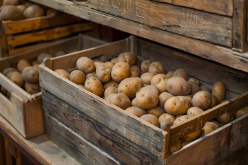 Ziemniaki w drewnianej skrzyni w piwnicy