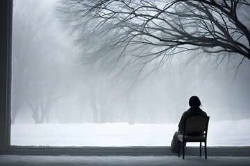 osoba cierpiąca na depresję siedzi zimą przed dużym oknem - obrazy, fototapety, plakaty