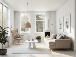 A virtual reality room with a minimalist Scandinavian-inspired interior design, featuring clean lines, neutral tones, and cozy furnishings.